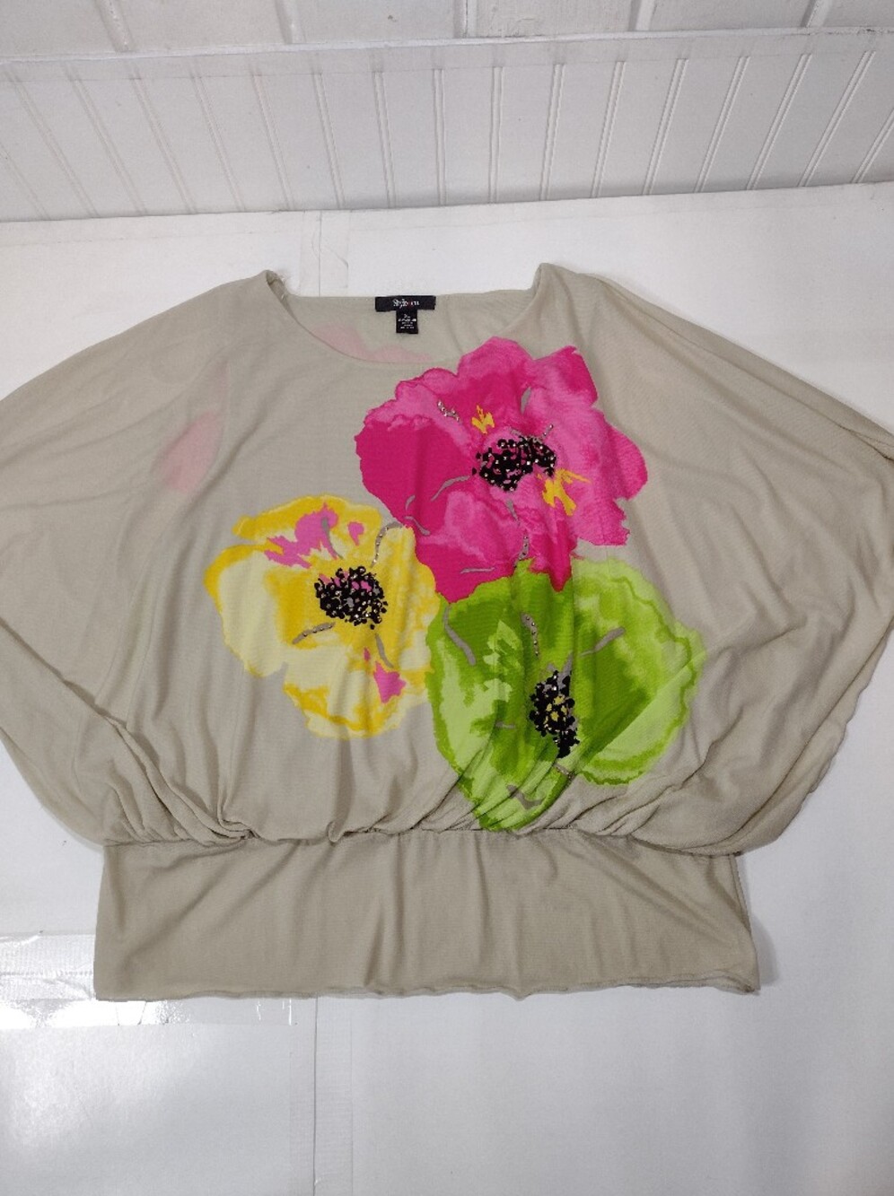 Style & Co. Light Beige Tunic with Pink, Yellow & Green Floral Print - Picture 4 of 9